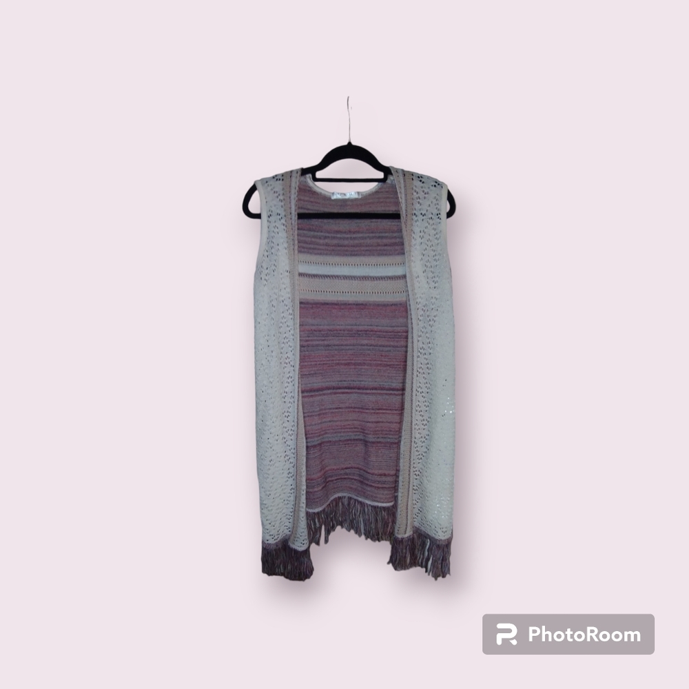 SAY WHAT? Women's Boho Crochet Vest Open Cardigan M Tunic Long Fringe.